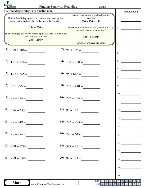 Addition Worksheets - Finding Sum with Rounding worksheet